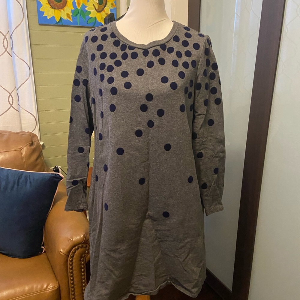 Boden Gray Dress with Navy Polka Dots - Long Sleeve
